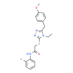 ChemSpider 2D Image | 2-{[4-Ethyl-5-(4-methoxybenzyl)-4H-1,2,4-triazol-3-yl]sulfanyl}-N-(2-fluorophenyl)acetamide | C20H21FN4O2S