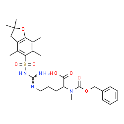 ChemSpider 2D Image | (E)-N~5~-(Amino{[(2,2,4,6,7-pentamethyl-2,3-dihydro-1-benzofuran-5-yl)sulfonyl]amino}methylene)-N~2~-[(benzyloxy)carbonyl]-N~2~-methylornithine | C28H38N4O7S