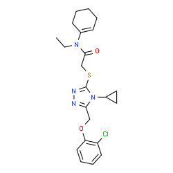 ChemSpider 2D Image | 2-({5-[(2-Chlorophenoxy)methyl]-4-cyclopropyl-4H-1,2,4-triazol-3-yl}sulfanyl)-N-(1-cyclohexen-1-yl)-N-ethylacetamide | C22H27ClN4O2S