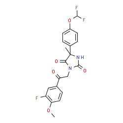 ChemSpider 2D Image | 5-[4-(Difluoromethoxy)phenyl]-3-[2-(3-fluoro-4-methoxyphenyl)-2-oxoethyl]-5-methyl-2,4-imidazolidinedione | C20H17F3N2O5