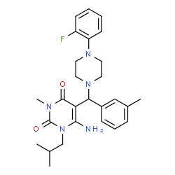 ChemSpider 2D Image | 6-Amino-5-{[4-(2-fluorophenyl)-1-piperazinyl](3-methylphenyl)methyl}-1-isobutyl-3-methyl-2,4(1H,3H)-pyrimidinedione | C27H34FN5O2
