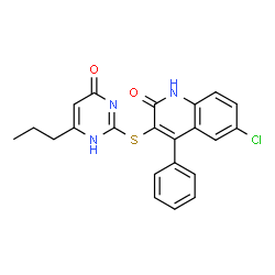 ChemSpider 2D Image | 6-chloro-3-[(4-hydroxy-6-propylpyrimidin-2-yl)thio]-4-phenylquinolin-2(1H)-one | C22H18ClN3O2S