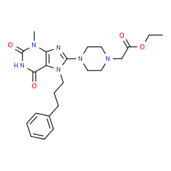 ChemSpider 2D Image | Ethyl {4-[3-methyl-2,6-dioxo-7-(3-phenylpropyl)-2,3,6,7-tetrahydro-1H-purin-8-yl]-1-piperazinyl}acetate | C23H30N6O4