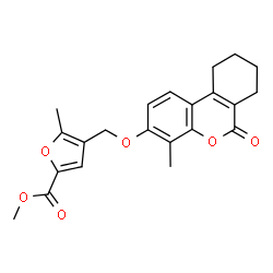 ChemSpider 2D Image | Methyl 5-methyl-4-{[(4-methyl-6-oxo-7,8,9,10-tetrahydro-6H-benzo[c]chromen-3-yl)oxy]methyl}-2-furoate | C22H22O6