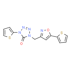 ChemSpider 2D Image | 1-(2-Thienyl)-4-{[5-(2-thienyl)-1,2-oxazol-3-yl]methyl}-1,4-dihydro-5H-tetrazol-5-one | C13H9N5O2S2