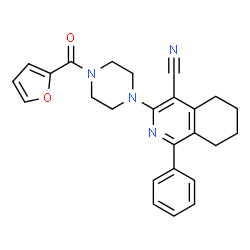 ChemSpider 2D Image | 3-[4-(2-Furoyl)-1-piperazinyl]-1-phenyl-5,6,7,8-tetrahydro-4-isoquinolinecarbonitrile | C25H24N4O2