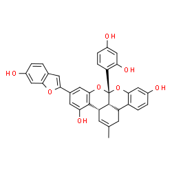 ChemSpider 2D Image | (3aS,8aR,13cR)-8a-(2,4-Dihydroxyphenyl)-6-(6-hydroxy-1-benzofuran-2-yl)-2-methyl-1,8a,13b,13c-tetrahydro-3aH-benzo[3,4]isochromeno[1,8-bc]chromene-4,11-diol | C34H26O8
