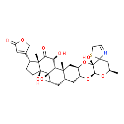 ChemSpider 2D Image | (1R,3aS,3bS,4aS,5aR,6aR,7aS,9R,11aS,12aR,13aR,13bS,14S,15aS)-3a,11a,14-Trihydroxy-9,13a,15a-trimethyl-1-(5-oxo-2,5-dihydro-3-furanyl)-2,3,3a,4a,5,5a,6,6a,7a,9,10,11a,12a,13,13a,13b,14,15a-octadecahydr
o-5'H-spiro[cyclopenta[7,8]oxireno[8a,9]phenanthro[2,3-b]pyrano[3,2-e][1,4]dioxine-11,2'-[1,3]thiazol]-15(1H)-one | C31H39NO10S