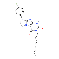 ChemSpider 2D Image | 8-(4-Fluorophenyl)-3-heptyl-1-methyl-7,8-dihydro-1H-imidazo[2,1-f]purine-2,4(3H,6H)-dione | C21H26FN5O2