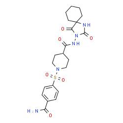 ChemSpider 2D Image | 1-[(4-Carbamoylphenyl)sulfonyl]-N-(2,4-dioxo-1,3-diazaspiro[4.5]dec-3-yl)-4-piperidinecarboxamide | C21H27N5O6S