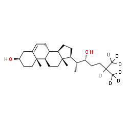 ChemSpider 2D Image | (3alpha,8alpha,9beta,10alpha,13alpha,14beta,17alpha,20R,22R)-(25,26,26,26,27,27,27-~2~H_7_)Cholest-5-ene-3,22-diol | C27H39D7O2