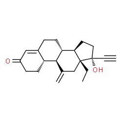 ChemSpider 2D Image | (8R,9R,10S,13R,14R,17R)-13-Ethyl-17-ethynyl-17-hydroxy-11-methylene-1,2,6,7,8,9,10,11,12,13,14,15,16,17-tetradecahydro-3H-cyclopenta[a]phenanthren-3-one (non-preferred name) | C22H28O2