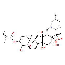 ChemSpider 2D Image | (3alpha,5alpha,8alpha,10alpha,12beta,13alpha,14beta,16alpha,17beta,20beta,22beta,25alpha)-4,12,14,16,17,20-Hexahydroxy-4,9-epoxycevan-3-yl (2Z)-2-methyl-2-butenoate | C32H49NO9