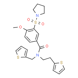 ChemSpider 2D Image | 4-Methoxy-3-(1-pyrrolidinylsulfonyl)-N-[2-(2-thienyl)ethyl]-N-(2-thienylmethyl)benzamide | C23H26N2O4S3