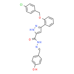 ChemSpider 2D Image | 3-{2-[(4-Chlorobenzyl)oxy]phenyl}-N'-[(E)-(4-hydroxyphenyl)methylene]-1H-pyrazole-5-carbohydrazide | C24H19ClN4O3