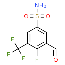 ChemSpider 2D Image | 4-Fluoro-3-formyl-5-(trifluoromethyl)benzenesulfonamide | C8H5F4NO3S