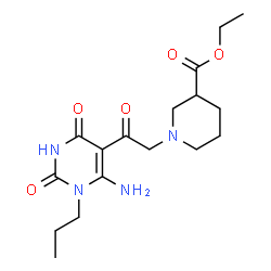 ChemSpider 2D Image | Ethyl 1-[2-(6-amino-2,4-dioxo-1-propyl-1,2,3,4-tetrahydro-5-pyrimidinyl)-2-oxoethyl]-3-piperidinecarboxylate | C17H26N4O5