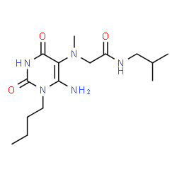 ChemSpider 2D Image | N~2~-(6-Amino-1-butyl-2,4-dioxo-1,2,3,4-tetrahydro-5-pyrimidinyl)-N-isobutyl-N~2~-methylglycinamide | C15H27N5O3