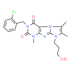 ChemSpider 2D Image | 3-(2-Chlorobenzyl)-8-(3-hydroxypropyl)-1,6,7-trimethyl-1H-imidazo[2,1-f]purine-2,4(3H,8H)-dione | C20H22ClN5O3