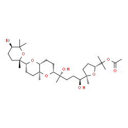 ChemSpider 2D Image | 2-{(2R,5R)-5-[(1S,4S)-4-{(2R,4aR,6R,8aS)-6-[(2S,5R)-5-Bromo-2,6,6-trimethyltetrahydro-2H-pyran-2-yl]-8a-methyloctahydropyrano[3,2-b]pyran-2-yl}-1,4-dihydroxypentyl]-5-methyltetrahydro-2-furanyl}-2-pro
panyl acetate | C32H55BrO8