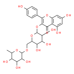 ChemSpider 2D Image | 5,7-Dihydroxy-2-(4-hydroxyphenyl)-4-oxo-4H-chromen-3-yl 6-O-(6-deoxyhexopyranosyl)hexopyranoside | C27H30O15