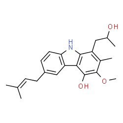 ChemSpider 2D Image | 1-(2-Hydroxypropyl)-3-methoxy-2-methyl-6-(3-methyl-2-buten-1-yl)-9H-carbazol-4-ol | C22H27NO3