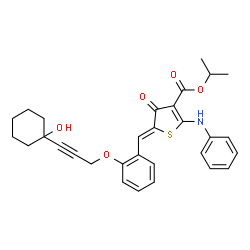 ChemSpider 2D Image | Isopropyl (5Z)-2-anilino-5-(2-{[3-(1-hydroxycyclohexyl)-2-propyn-1-yl]oxy}benzylidene)-4-oxo-4,5-dihydro-3-thiophenecarboxylate | C30H31NO5S