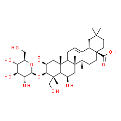 ChemSpider 2D Image | (2beta,3beta,5xi,6beta,9xi)-3-(beta-D-Glucopyranosyloxy)-2,6,23-trihydroxyolean-12-en-28-oic acid | C36H58O11