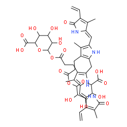 ChemSpider 2D Image | 6-[3-[2-[[3-[3-(6-carboxy-3,4,5-trihydroxy-tetrahydropyran-2-yl)oxy-3-oxo-propyl]-4-methyl-5-[(Z)-(3-methyl-5-oxo-4-vinyl-pyrrol-2-ylidene)methyl]-1H-pyrrol-2-yl]methyl]-4-methyl-5-[(Z)-(4-methyl-5-oxo-3-vinyl-pyrrol-2-ylidene)methyl]-1H-pyrrol-3-yl]propanoyloxy]-3,4,5-trihydroxy-tetrahydropyran-2-carboxylic acid | C45H52N4O18
