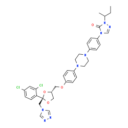 ChemSpider 2D Image | 2-sec-Butyl-4-{4-[4-(4-{[(2R,4R)-2-(2,4-dichlorophenyl)-2-(4H-1,2,4-triazol-4-ylmethyl)-1,3-dioxolan-4-yl]methoxy}phenyl)-1-piperazinyl]phenyl}-2,4-dihydro-3H-1,2,4-triazol-3-one | C35H38Cl2N8O4