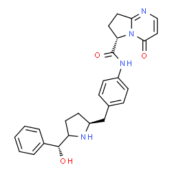ChemSpider 2D Image | (6S)-N-[4-({(2S)-5-[(R)-Hydroxy(phenyl)methyl]-2-pyrrolidinyl}methyl)phenyl]-4-oxo-4,6,7,8-tetrahydropyrrolo[1,2-a]pyrimidine-6-carboxamide | C26H28N4O3
