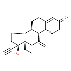 ChemSpider 2D Image | (8R,9R,10R,13R,14R,17R)-13-Ethyl-17-ethynyl-17-hydroxy-11-methylene-1,2,6,7,8,9,10,11,12,13,14,15,16,17-tetradecahydro-3H-cyclopenta[a]phenanthren-3-one (non-preferred name) | C22H28O2