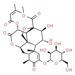 ChemSpider 2D Image | Methyl (8alpha,10alpha,11beta,12alpha,13xi,15beta)-11,12-dihydroxy-2-(alpha-D-mannopyranosyloxy)-15-[(3-methyl-2-butenoyl)oxy]-3,16-dioxo-13,20-epoxypicras-1-en-21-oate | C32H42O16