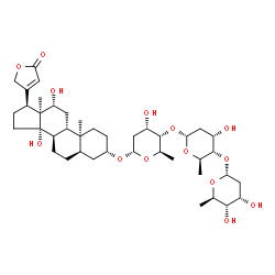 ChemSpider 2D Image | (3beta,5beta,12beta,17alpha)-3-{[2,6-Dideoxy-alpha-D-ribo-hexopyranosyl-(1->4)-2,6-dideoxy-alpha-D-ribo-hexopyranosyl-(1->4)-2,6-dideoxy-alpha-D-ribo-hexopyranosyl]oxy}-12,14-dihydroxycard-20(22)-enol
ide | C41H64O14