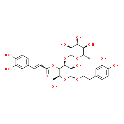 ChemSpider 2D Image | 2-(3,4-Dihydroxyphenyl)ethyl (4xi)-3-O-(6-deoxy-L-glucopyranosyl)-4-O-[(2E)-3-(3,4-dihydroxyphenyl)-2-propenoyl]-alpha-L-lyxo-hexopyranoside | C29H36O15