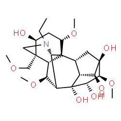 ChemSpider 2D Image | (1alpha,3beta,4beta,6beta,7beta,8alpha,14beta,15alpha,16beta,17S)-20-Ethyl-1,6,16-trimethoxy-4-(methoxymethyl)aconitane-3,8,13,14,15-pentol | C25H41NO9