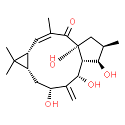 ChemSpider 2D Image | (1aR,2Z,4aR,6R,7R,7aR,8S,10R,11aS)-4a,7,8,10-Tetrahydroxy-1,1,3,6-tetramethyl-9-methylene-1,1a,4a,5,6,7,7a,8,9,10,11,11a-dodecahydro-4H-cyclopenta[a]cyclopropa[f][11]annulen-4-one | C20H30O5