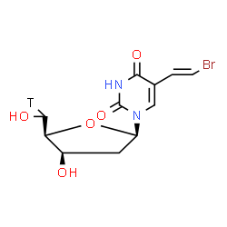 ChemSpider 2D Image | 5-[(E)-2-Bromovinyl]-1-{(5R)-2-[(C~5~-~3~H_1_)deoxy]-beta-D-threo-pentofuranosyl}-2,4(1H,3H)-pyrimidinedione | C11H12TBrN2O5