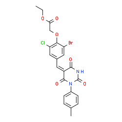 ChemSpider 2D Image | Ethyl (2-bromo-6-chloro-4-{(E)-[1-(4-methylphenyl)-2,4,6-trioxotetrahydro-5(2H)-pyrimidinylidene]methyl}phenoxy)acetate | C22H18BrClN2O6