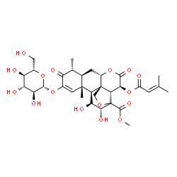 ChemSpider 2D Image | Methyl (4beta,5beta,7alpha,8alpha,9beta,10alpha,12beta,14alpha,15alpha)-2-(beta-L-glucopyranosyloxy)-11,12-dihydroxy-15-[(3-methyl-2-butenoyl)oxy]-3,16-dioxo-13,20-epoxypicras-1-en-21-oate | C32H42O16