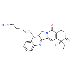 ChemSpider 2D Image | (4R)-11-{(E)-[(2-Aminoethoxy)imino]methyl}-4-ethyl-4-hydroxy-1H-pyrano[3',4':6,7]indolizino[1,2-b]quinoline-3,14(4H,12H)-dione | C23H22N4O5
