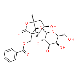 ChemSpider 2D Image | [(1S,3R,4R,6S)-4-Hydroxy-1-(beta-D-mannopyranosyloxy)-6-methyl-8-oxo-7-oxatricyclo[4.3.0.0~3,9~]non-9-yl]methyl benzoate | C23H28O11