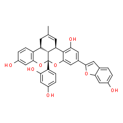 ChemSpider 2D Image | (3aR,8aR,13bS,13cR)-8a-(2,4-Dihydroxyphenyl)-6-(6-hydroxy-1-benzofuran-2-yl)-2-methyl-1,8a,13b,13c-tetrahydro-3aH-benzo[3,4]isochromeno[1,8-bc]chromene-4,11-diol | C34H26O8
