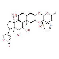 ChemSpider 2D Image | (1S,3aS,3bS,4aS,5aR,6aR,7aS,9R,11aR,12aS,13aR,13bS,14S,15aR)-3a,11a,14-Trihydroxy-9,13a,15a-trimethyl-1-(5-oxo-2,5-dihydro-3-furanyl)-2,3,3a,4a,5,5a,6,6a,7a,9,10,11a,12a,13,13a,13b,14,15a-octadecahydr
o-5'H-spiro[cyclopenta[7,8]oxireno[8a,9]phenanthro[2,3-b]pyrano[3,2-e][1,4]dioxine-11,2'-[1,3]thiazol]-15(1H)-one | C31H39NO10S