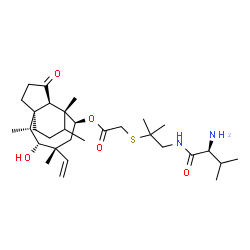 ChemSpider 2D Image | (1R,2R,3R,4R,6S,7R,8R)-3-Hydroxy-2,4,7,14-tetramethyl-9-oxo-4-vinyltricyclo[5.4.3.0~1,8~]tetradec-6-yl {[2-methyl-1-(L-valylamino)-2-propanyl]sulfanyl}acetate | C31H52N2O5S