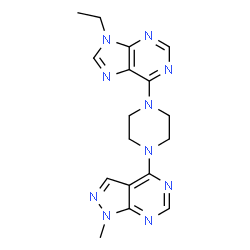 ChemSpider 2D Image | 4-[4-(9-Ethyl-9H-purin-6-yl)-1-piperazinyl]-1-methyl-1H-pyrazolo[3,4-d]pyrimidine | C17H20N10
