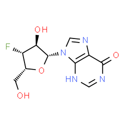 ChemSpider 2D Image | 9-(3-Deoxy-3-fluoro-beta-D-xylofuranosyl)-3,9-dihydro-6H-purin-6-one | C10H11FN4O4