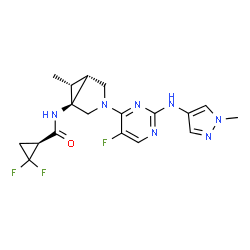 ChemSpider 2D Image | (1S)-2,2-Difluoro-N-[(1S,5R,6R)-3-{5-fluoro-2-[(1-methyl-1H-pyrazol-4-yl)amino]-4-pyrimidinyl}-6-methyl-3-azabicyclo[3.1.0]hex-1-yl]cyclopropanecarboxamide | C18H20F3N7O
