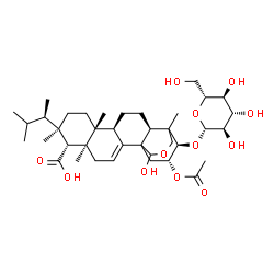 ChemSpider 2D Image | (1R,5S,6R,7R,10R,11R,14S,20R,21R)-20-Acetoxy-21-(beta-D-glucopyranosyloxy)-18-hydroxy-5,7,10,15-tetramethyl-7-[(2R)-3-methyl-2-butanyl]-17-oxapentacyclo[13.3.3.0~1,14~.0~2,11~.0~5,10~]henicos-2-ene-6-
carboxylic acid | C38H60O12