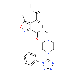 ChemSpider 2D Image | Methyl 3-methyl-7-oxo-6-{[4-(1-phenyl-1H-tetrazol-5-yl)-1-piperazinyl]methyl}-6,7-dihydro[1,2]oxazolo[3,4-d]pyridazine-4-carboxylate | C20H21N9O4